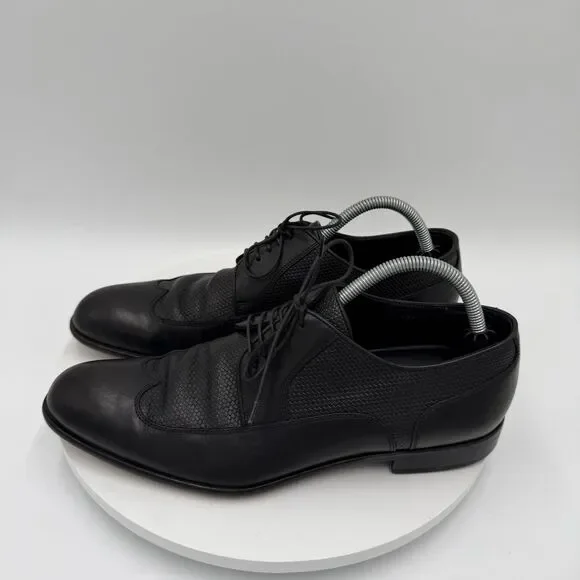 Hugo Boss Men’s 8 Black Leather Derby Wingtip Dress Shoes Woven Panels Lace-Up - Picture 1 of 8